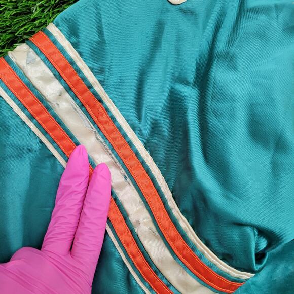 Vintage 90s Miami Dolphins Varsity Jacket Large 24x25 Cropped Baggy Satin - Picture 5 of 14